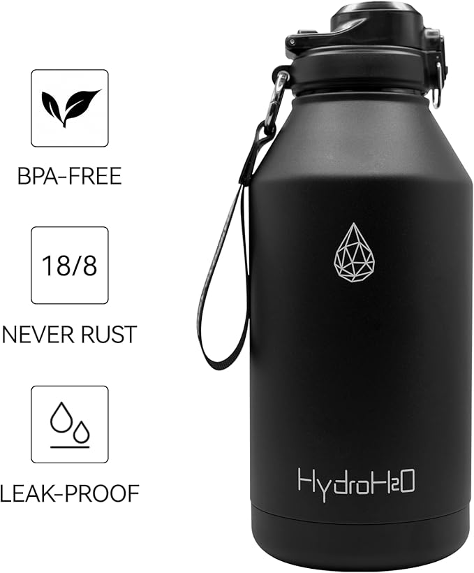 64 oz Insulated Water Bottle With Straw Pop-up & Auto Spout Lid, Flex Handel, Waterbottle Strap Carrier, Half Gallon Stainless Steel Water Hydro Jug Thermo Flask (Black)