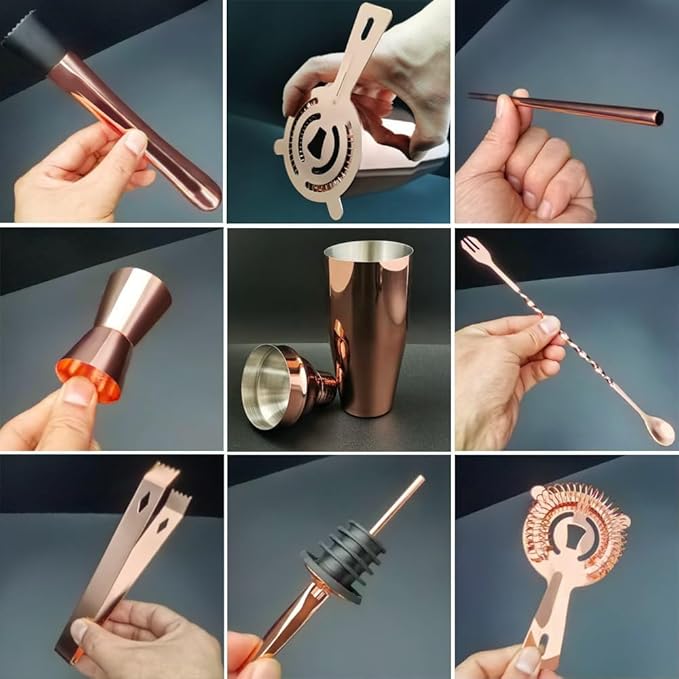 14-Piece Cocktail Shaker Set Bartender Kit with Black Stand, Bar Tool Set for Drink Mixing Bartending Kit Bar Sets Accessories: 750ml(25oz) Shaker, Jigger, Muddler, Cocktail Recipes (Rose Gold)