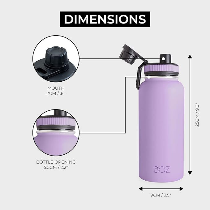 BOZ Stainless Steel Water Bottle - Vaccum Insulated Water Bottle 32 Oz - Wide Mouth BPA Free Sport Water Bottle for Gym with Spout Lid - Thermal Hot & Cold 1 Litre Lavender Water Bottle