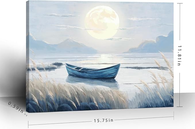 amatop Coastal Bathroom Wall Art Blue Beach Nautical Ocean Nature Canvas Picture with Boat Moon Lake Mountain Sea Relaxing Serene Landscape Gallery Wrapped Artwork for Modern Home Bedroom Decor 16x12