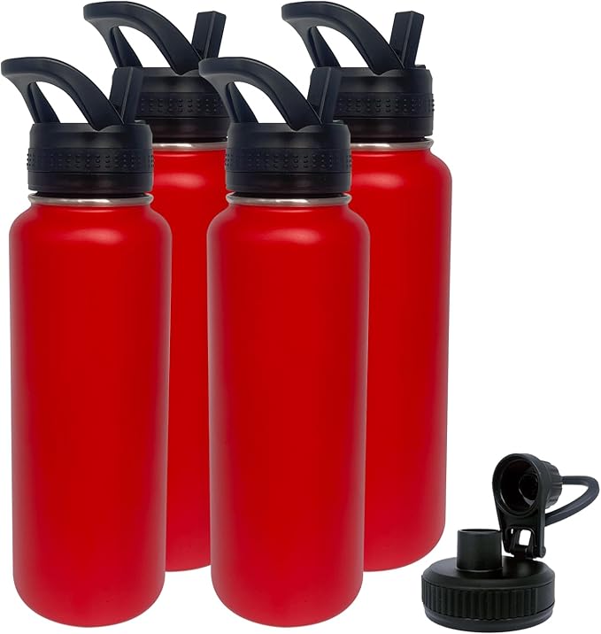 4pack 40 oz Insulated Water Bottle With Straw, Stainless Steel Sports Water Cup Flask with 2 Lids, Wide Mouth Travel Thermal Mug,Red
