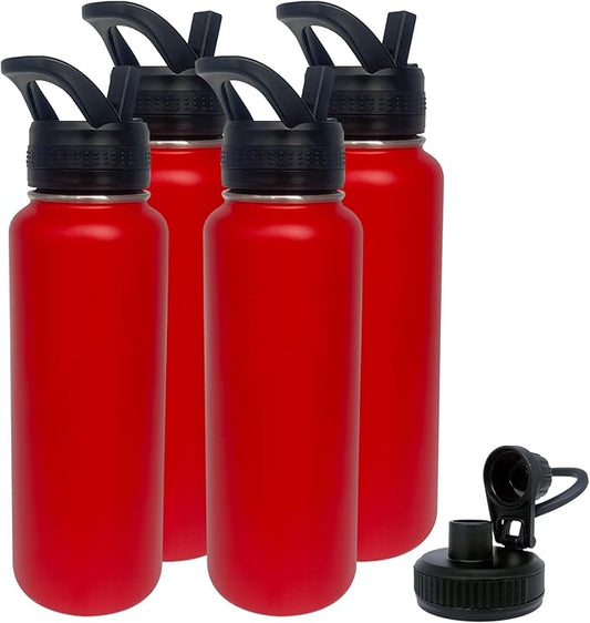 4pack 40 oz Insulated Water Bottle With Straw, Stainless Steel Sports Water Cup Flask with 2 Lids, Wide Mouth Travel Thermal Mug,Red