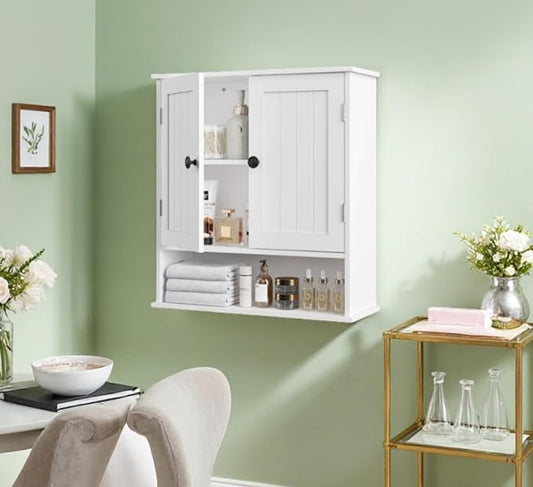 Bathroom Cabinet Wall-Mounted, White Storage Cabinets with Adjustable Shelves, Space-Saving Organizer with 2 Doors for Bathroom, Laundry, Kitchen - Moisture Resistant & Easy Install