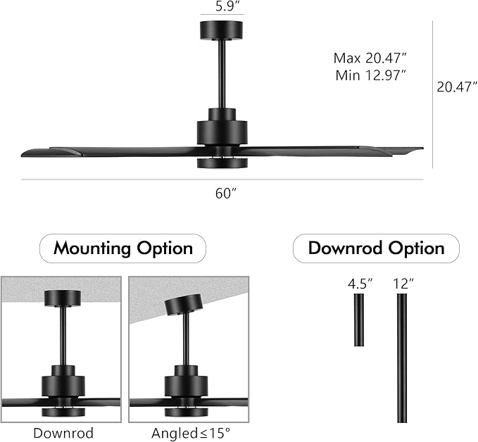 60" Modern Ceiling Fan with Lights and Remote Control, 5 Solid Wood Blades 6-Speed Noiseless Reversible DC Motor, Ceiling Fan for Bedroom Dinning Living Room, Black