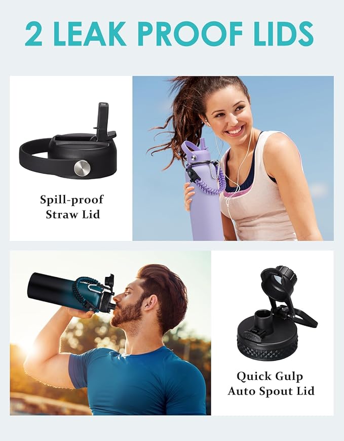 40 oz Insulated Water Bottle - (Cold 48H) Metal Water Jug with Straw & Auto Spout Lids, Leak Proof Coldest Stainless Steel Flask with Carrying Pouch, Paracord Handle for Gym Hiking Work, Coral Orange