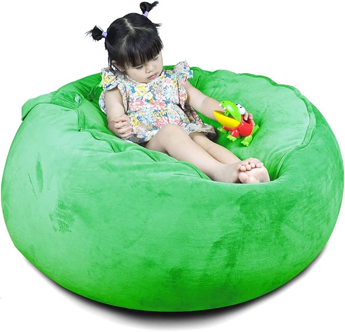 Bean Bag Chair Cover, Stuffed Animal Storage, Plush Toys Organizer Holder, Beanbag Chairs Cover for Kids Teans and Adults Super Soft and Comfortable Fabric X-Large with Handle and Zipper -Round Green