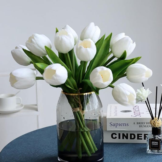 Buart White Flowers Artificial Luxury Big Tulip Valentine's Day Mother's Day Easter Home Kitchen Wedding Decorations(11pcs)