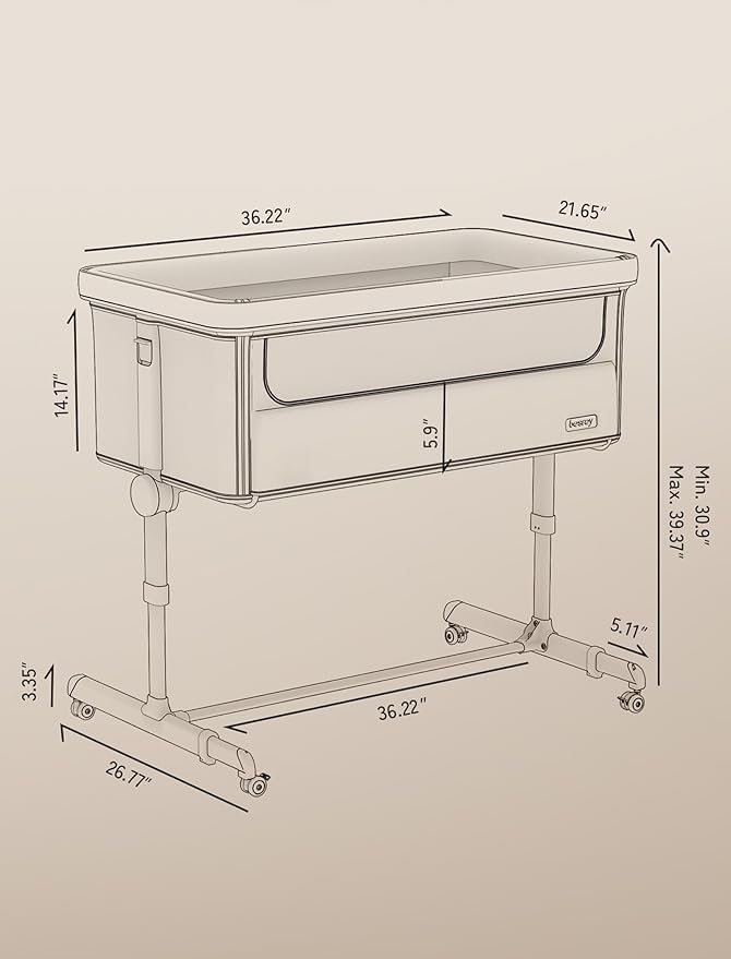 Baby Bassinet Bedside Sleeper, besrey Bedside Bassinet for Newborn Infant with Comfy Mattress, 9 Height Positions, Adjustable Bedside Crib with 360° Swivel Wheels Bassinet for Baby with Storage Basket