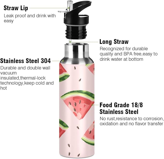 ALAZA Red Watermelons Water Bottle With Straw Lids Boys Girls,Vacuum Insulated Leakproof Stainless-Steel Sports Bottle Thermal Flask For Gym Yoga Camping,34Oz (1000Ml)