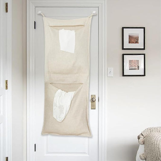 100% Linen Hanging Laundry Bag with 2 Compartments, Over the Door Laundry Hamper, Dirty Clothes Space Saving Organizer 19.7 x 47 Inches, Linen
