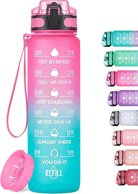 32oz Motivational Water Bottle with Time Marker & Fruit Strainer, Leak-proof BPA Free Non-Toxic 1l Bottle with Carrying Strap, Perfect for Fitness, Gym and Outdoor Sports (Ombre: Sorbet)