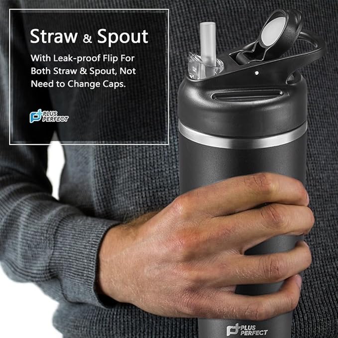 34 OZ 316 Stainless Steel Vacuum Insulated Travel Mug With Leak Proof Flip For Both Straw & Spout, Double Walled Seamless to Keep Hot And Cold, Sliver