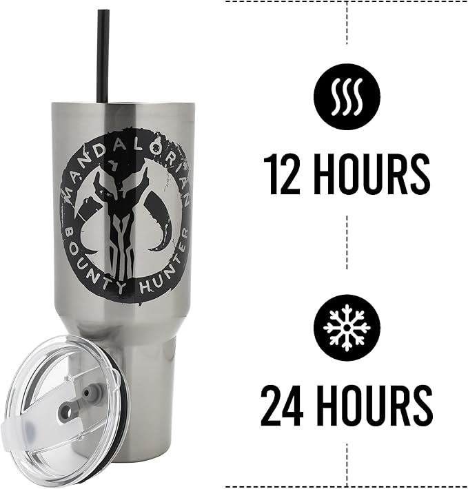 Bioworld Star Wars Mandalorian Mythosaur Skull Bounty Hunter Logo 40 Oz Silver Stainless Steel Tumbler