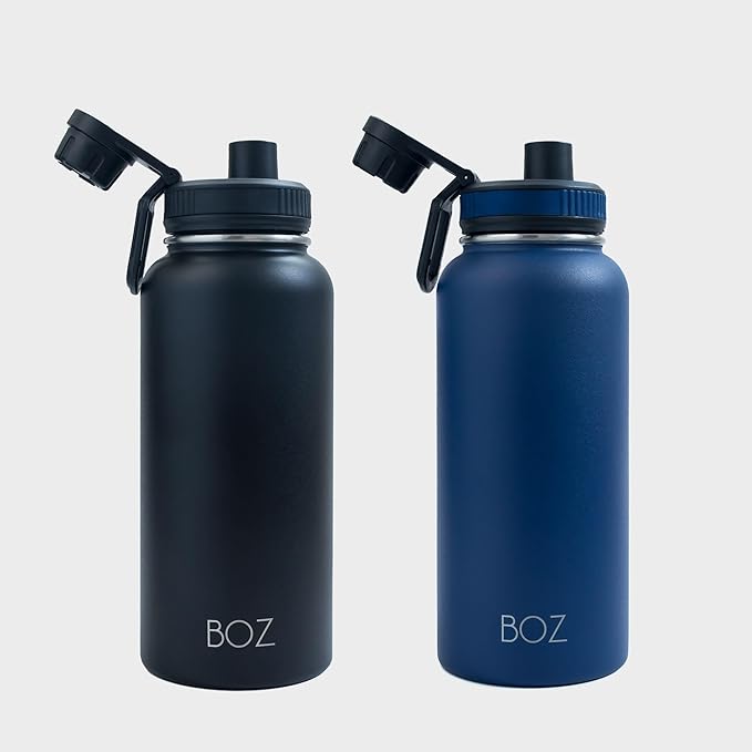BOZ Stainless Steel Water Bottles 2 Pack Bundle - Blue Water Bottle + Black Water Bottle - Vaccum Insulated Water Bottles 32 Oz - Wide Mouth BPA Free Sport Water Bottles for Gym with Spout Lid