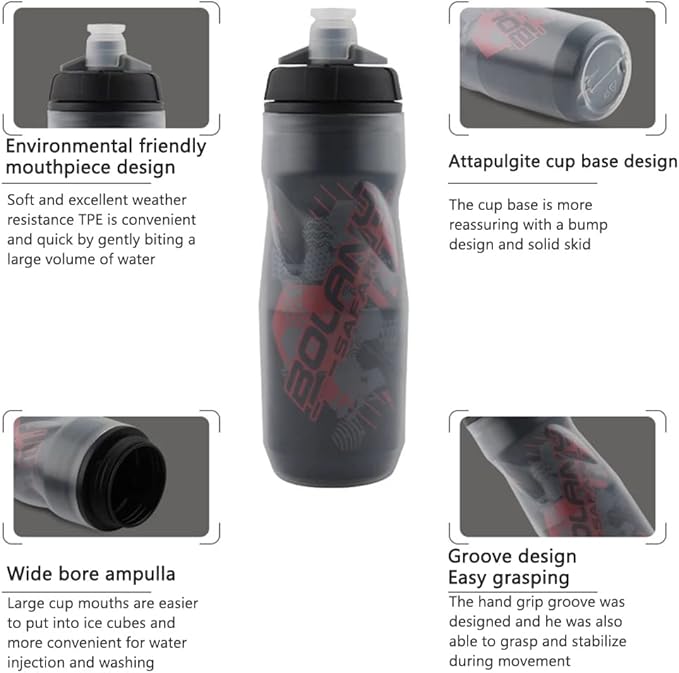 Bottle Sport Squeeze Insulated Water Bottle 20 oz BPA-Free, Sport Bike Squeeze Bottle (Black gray-20oz)