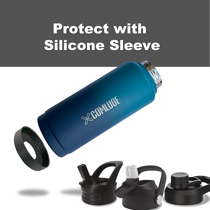 blue 32 oz insulated water bottle with straw stainless steel water bottle,double wall,leak proof water bottles with 3 lids,travel,gym mens water bottle(Ocean Blue, 32oz)