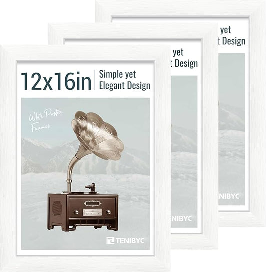 12x16 Picture Frame 3 pk - White Woodgrain, HD Tempered Glass, Wall Gallery Photo Frame