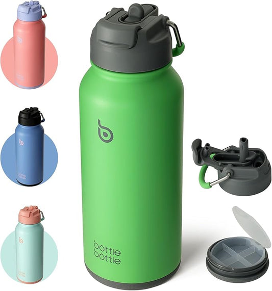 BOTTLE BOTTLE 32oz Insulated Water Bottle Stainless Steel Sport Water Bottle with Straw Dual-use Lid Design for Gym with Pill Box (summer forest)