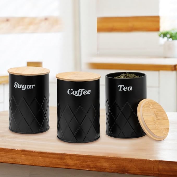 Black Canister Sets for Kitchen Counter,Tea coffee canisters,sugar container,3 Canisters,900ML/30.43OZ