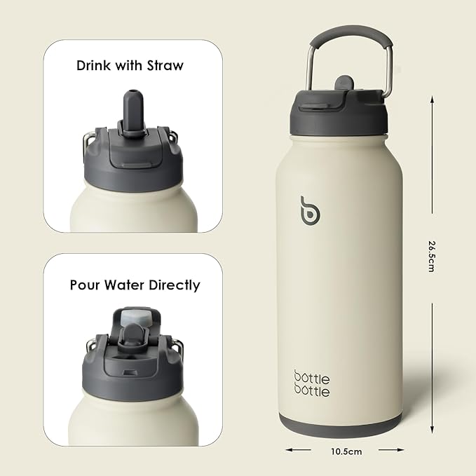 BOTTLE BOTTLE 32oz Insulated Water Bottle Stainless Steel Sport Water Bottle with Straw Dual-use Lid Design for Gym with Pill Box (gray)