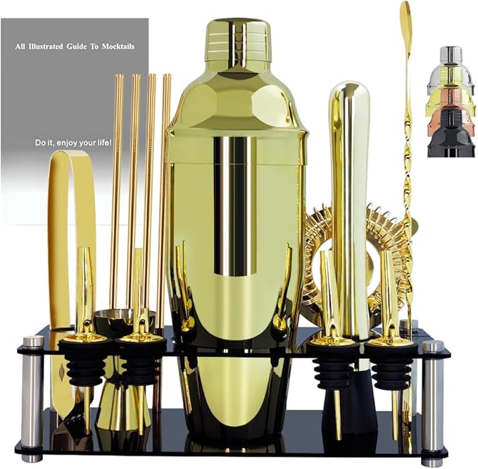 14-Piece Cocktail Shaker Set Bartender Kit with Black Stand, Bar Tool Set for Drink Mixing Bartending Kit Bar Sets Accessories: 750ml(25oz) Shaker, Jigger, Muddler, Cocktail Recipes (Gold)
