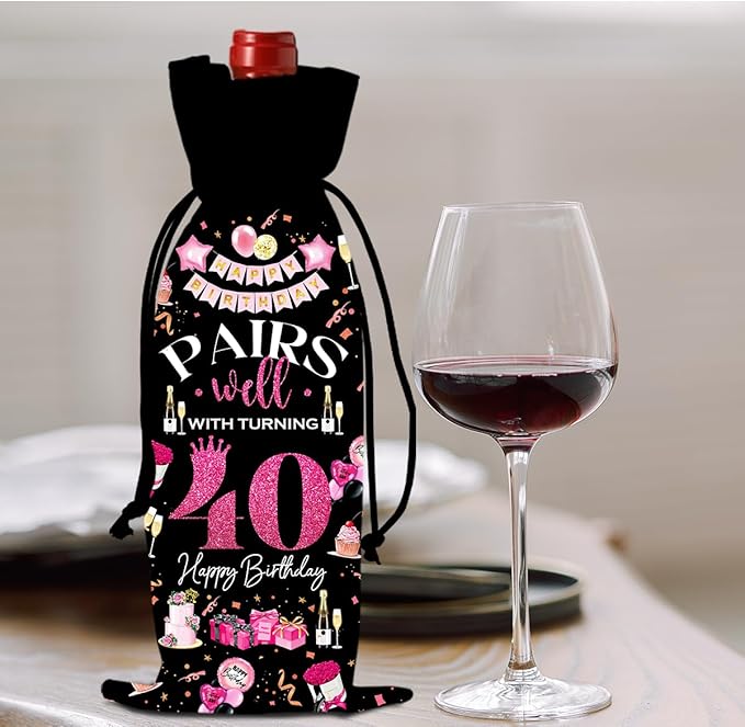 40th Birthday Gifts Women Men Wine Bag, 40 Year Old Birthday Gifts for Women Men, Happy 40th Birthday Party Decorations Woman Man, Pairs Well with Turning 40 Wine Bags (Black Pink)