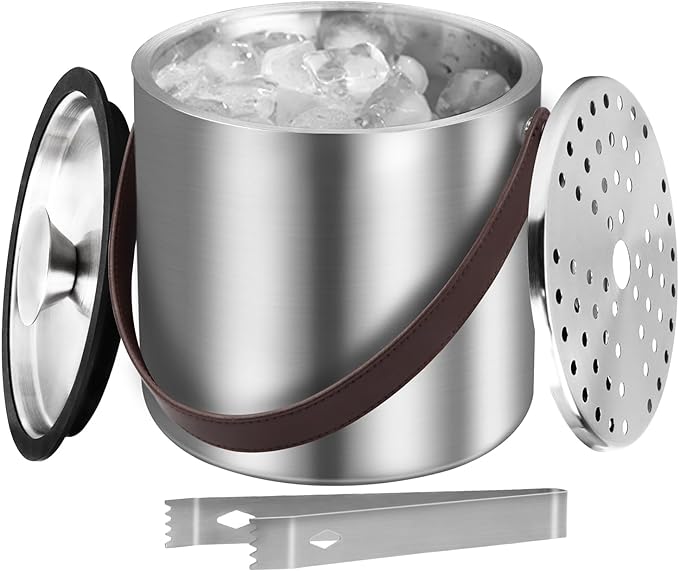 3L Large Ice Bucket with Lid, Ice Tong, Strainer & Leather Handle Keep Ice Frozen Longer Large Wine Ice Buckets for Parties,Cocktail Bar, Chilling Beer Champagne, Dark Brown Handle 3L