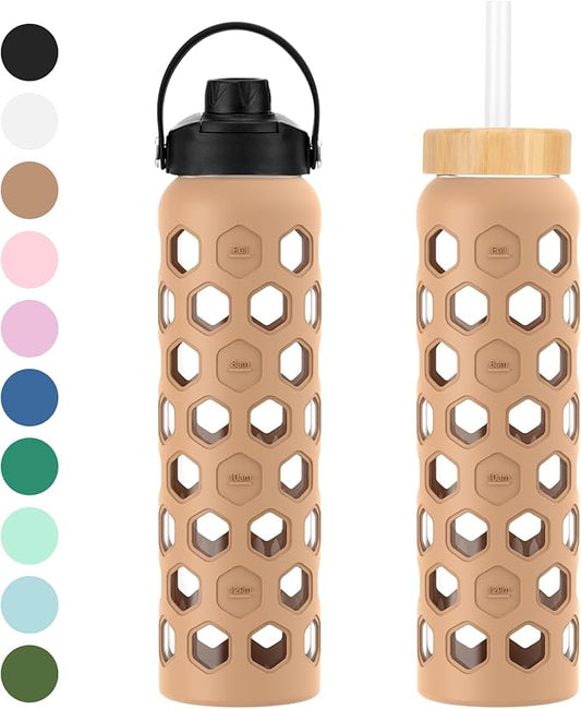 32oz Glass Water Bottles with 2 Lids-Bamboo Straw Lid & Spout Cap,Motivational Water Tumbler with Silicone Sleeve with Time Marker,Leakproof,BPA Free