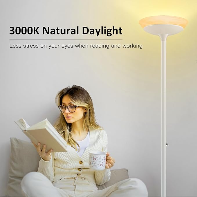 BoostArea Torchiere Floor Lamp, 24W Super Bright LED Standing Lamp, Stepless Dimmable Pole Lamp with 3000K Lighting, Glass Lampshade, 71Inch Tall Metal Modern Floor lamps for Living Room/Bedroom White