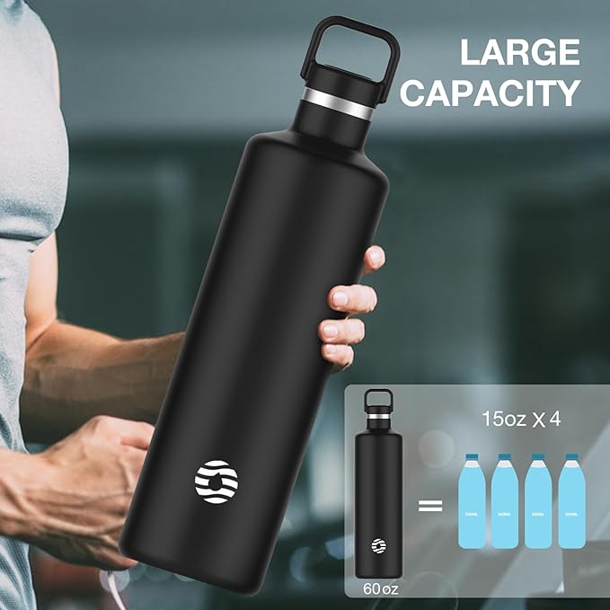 60oz Water Bottle with Carrier Bag, Large Insulated Water Bottle, Stainless Steel Water Bottles, Double Walled Insulated Thermo for Hot Drinks/Cold Drinks, Great for Gym,Hiking,Camping (Iron Black)