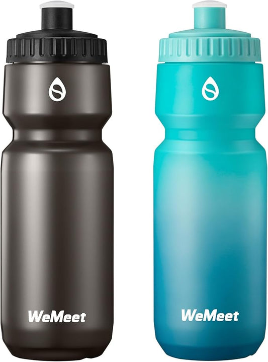 24oz Cycling Sports Bottle, Fits Most Bike Cages, Leak Proof Sport Water Bottle, BPA Free, Mountain Bike Squeeze Bottle with Capacity Scale (Black & Green Blue, 2 Pack)
