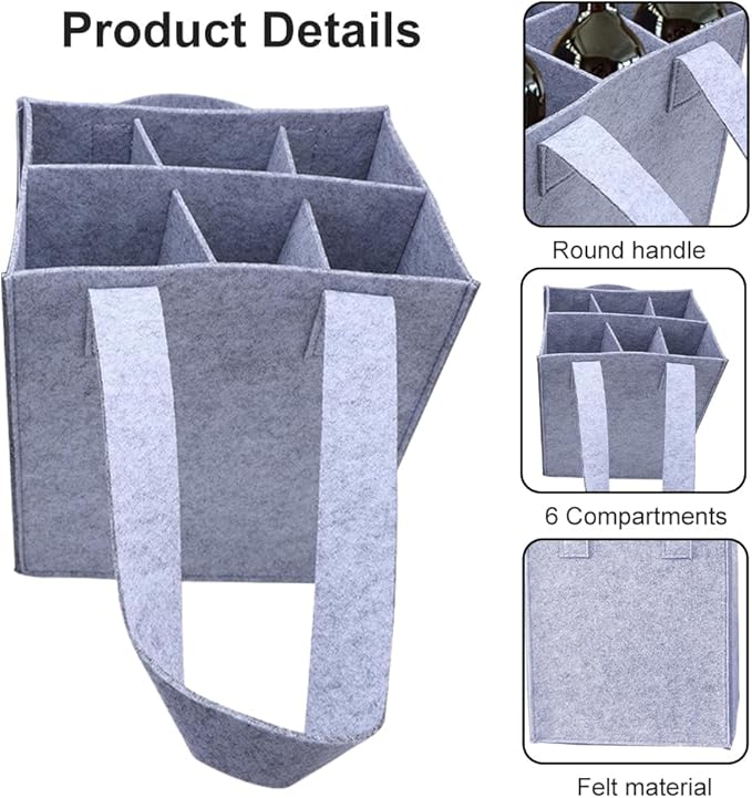 Bottle Bag for Wine, 6 Compartments Felt Wine Bottle Holder, Resuable Wine Tote Bag with Compartments for Transporting Red Wine, Champagne, Beer and Water Bottles(light grey)