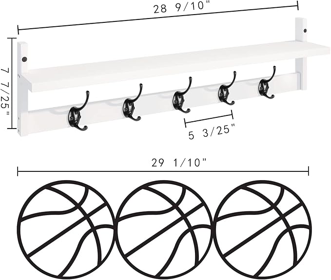 BAMEOS Wall-Mounted Wood Shelf with 5 Dual Hooks for Bathroom, Living Room, Bedroom (White-with Shelf)