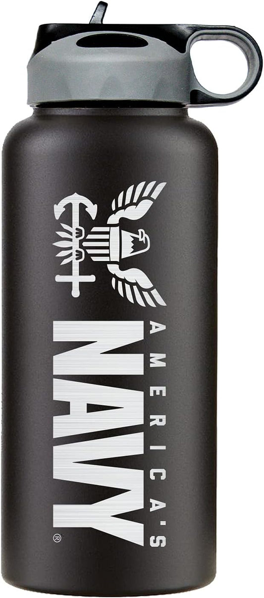 32oz Navy Stainless Steel Water Bottle with Engraved Navy Logo - US Navy Pride on the Go - Navy Gifts | Disabled USMC Vet Owned SMALL Business