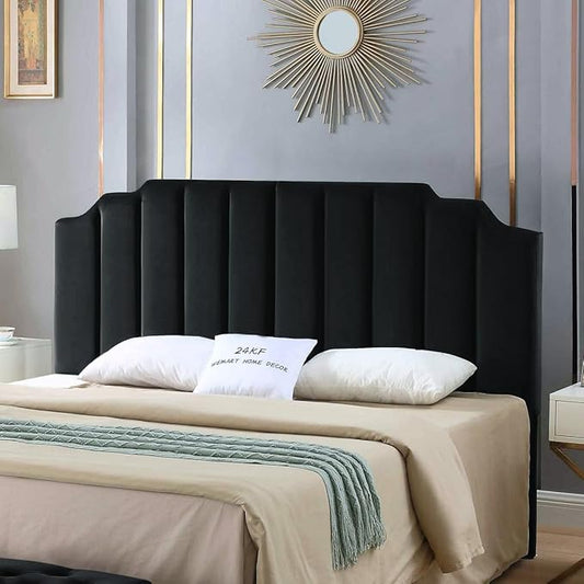 24KF Black Velvet Tufted King Upholstered Headboard, Modern Vertical Channel Design California King Headboard with Stepped Silhouette Top Edge,Black