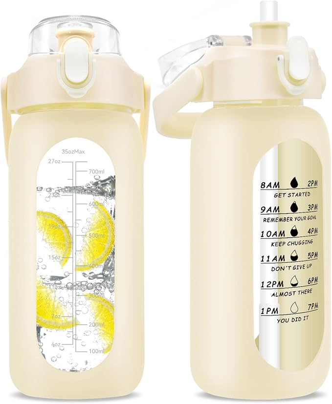 32 oz Glass Water Bottle with Time Marker - 1000ml Large Sports Motivational Water Bottles with Handle & Silicone Case, 1 Liter Leak-proof Measured Drinking Bottle for Gym Fitness Workout (White)