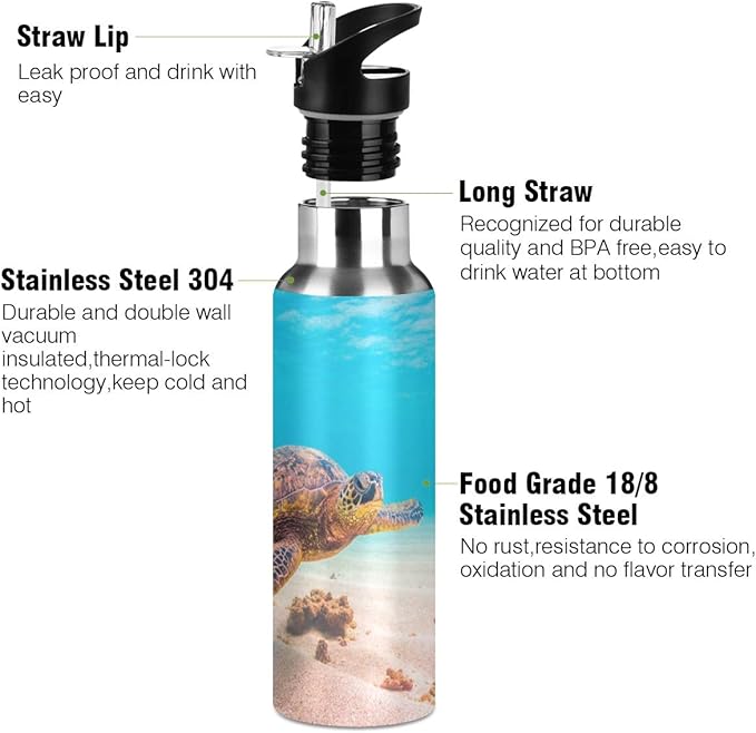 Blueangle 22oz Hawaiian Green Sea Turtle Water Bottle, BPA Free Stainless Steel Water Bottle Leak-Proof Sports Bottle for Camping Workouts Gym and Outdoor Activity