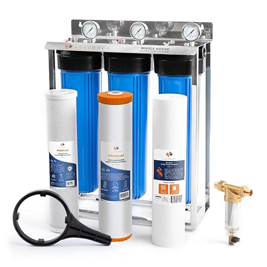 Aquaboon Whole House 3 Stage Water Filter System - 5 Micron Iron&Manganese, Activated Carbon, Sediment Filters for Well Water - 20x4.5 Water Filter Housing w/Wrench, Frame & Pressure Gauge & Release