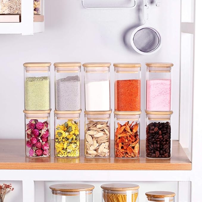 10 Pcs Glass Spice Jars - 8oz Empty Square Spice Storage Containers With Bamboo Airtight Lid and Labels - Thicken Small Glass canister for Kitchen Seasoning,Coffee Bean,Tea,Suger,Herbs