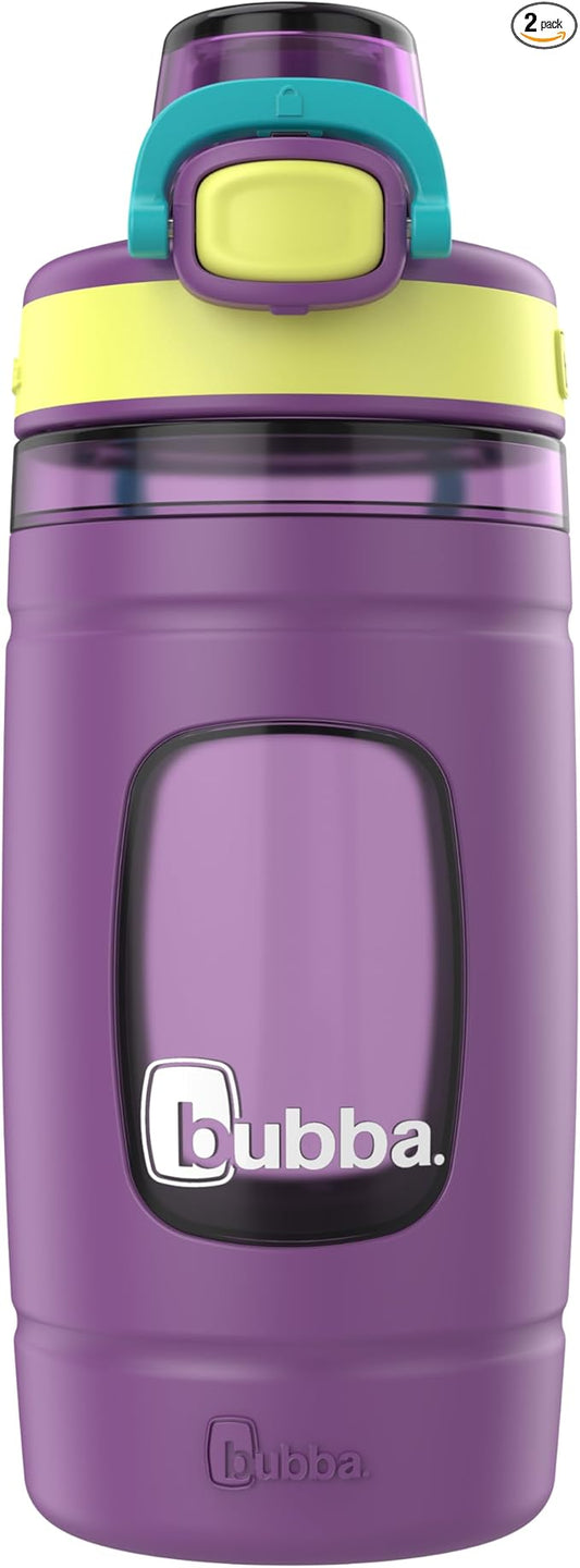 Bubba Kids Flo Silicone Sleeve and Wide Mouth, 16oz, 2-Pack Water Bottle, Medium, Scuba; Grape