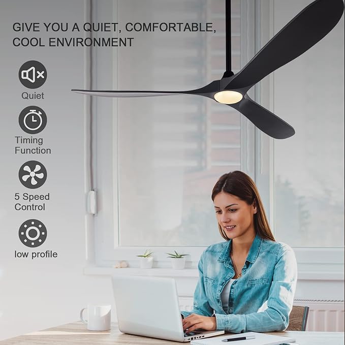 BOJUE 72 Inch Black Ceiling Fans with Lights and Remote Control, Indoor Outdoor Ceiling Fan, Wood Ceiling Fan flush mount with 3 Wood Blade for Bedroom Patio Living Room (Black Blades)