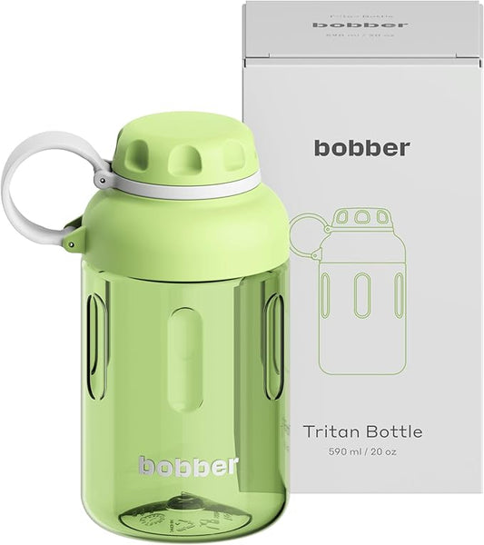 BOBBER 20 oz Tritan Water Bottle with Ice Strainer & Strap — BPA Free, Leak Proof & Dishwasher Safe Wide Mouth Hard Plastic Water Bottle — Stylish Plastic Water Bottles for Women, Men, Workout (Green)