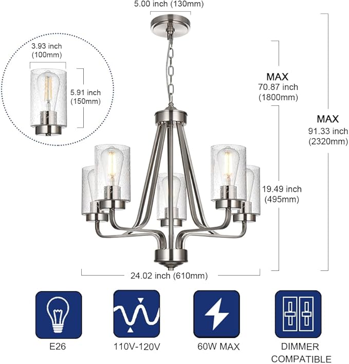 5-Lights Modern Pendant Light Fixtures, Wagon Wheel Dining Room Chandelier in Brushed Nickel, Hanging Ceiling Home Lighting for Foyer Kitchen Bedroom