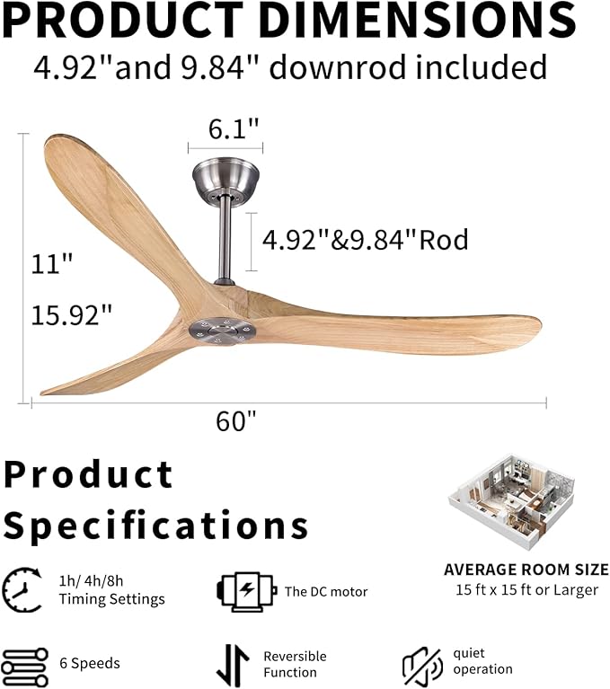 Bigzone 60" Outdoor Ceiling Fan With Remote Control, DC Motor Energy Saving, 3 Solid Wood Blades, Wood Ceiling Fan No Light, Brushed Nickel Ceiling Fan With Reversible Blades
