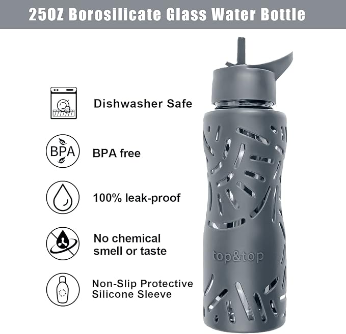 25oz Glass Water Bottles with Silicone Sleeve, 3 Different Lids (BPA Free) for Wide Mouth Glass Drink Bottles for Fitness and Outdoor (Grey)