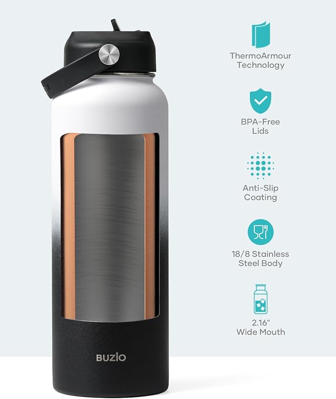 BUZIO Insulated Water Bottle with Straw Lid and Flex Cap, 40oz Modern Double Vacuum Stainless Steel Water Flask, Cold for 48 Hrs Hot for 24 Hrs Simple Thermo Canteen Mug, White and Black