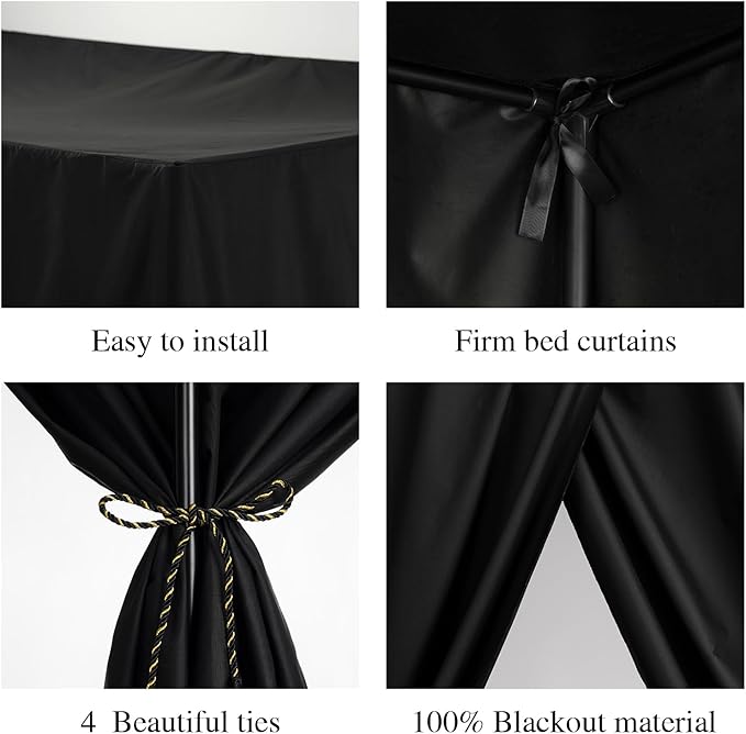 Black Canopy Bed Curtains - 4 Corner Post Bed Curtains King Lightproof Drapes Bed Canopy Curtain with Tie Backs for Adults & Girls Bedroom Decoration(Black,King)