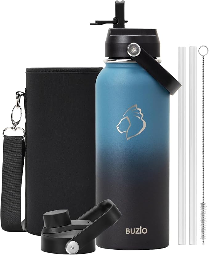 BUZIO 40 oz Insulated Water Bottle, Keep Cold 48h Stainless Steel Water jug with Straw Lid and Carrying Pouch, Lead-Free Leak Proof Double Wall Vacuum Metal Canteen for Sports Gym Beach, Indigo Crush