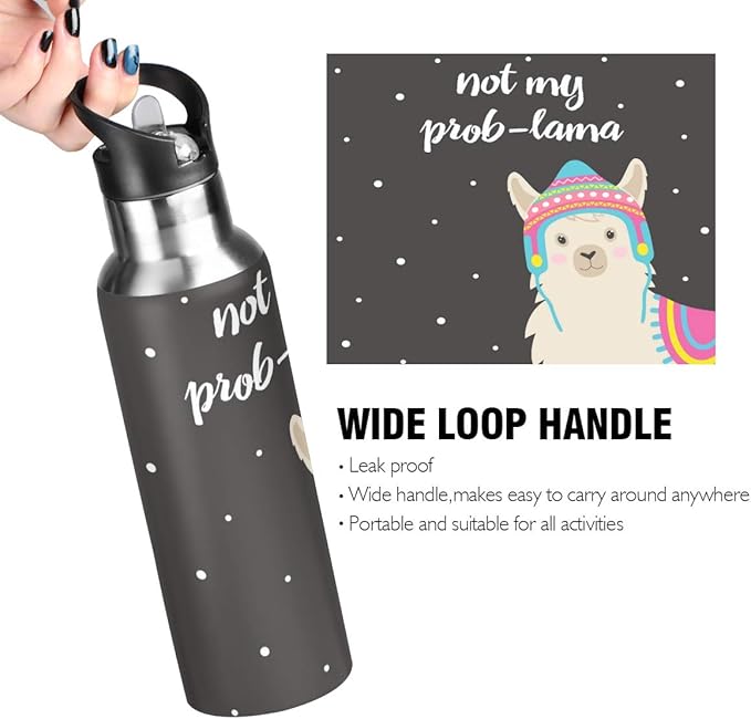 Blueangle Cartoon Llama Water Bottle with Straw Lid for Fitness Gym Camping Outdoor Sports, Wide Mouth Vacuum Insulated 18/8 Stainless Steel, 22 oz