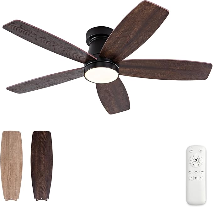 42 inch Ceiling Fans with Lights and Remote,Flush Mount Black Ceiling Fan,Memory Fuction Reversible Quiet DC Motor Low Profile Ceiling Fans For Living Room Bedroom Indoor Outdoor(Black&Walnut)